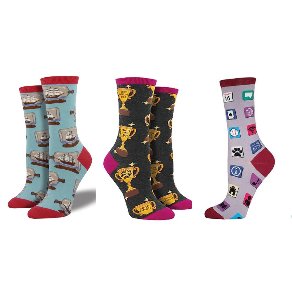 NEW SOCKSMITH women's ship in a bottle & life goals & apps socks - set of 3 pair